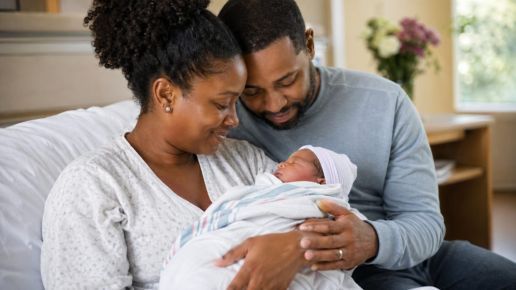 A couple sitting on a hospital bed, gazing lovingly at their newborn baby wrapped in a blanket. The woman has curly hair and is wearing a light-colored top, while the man is in a gray sweater. A flower arrangement is visible in the background.