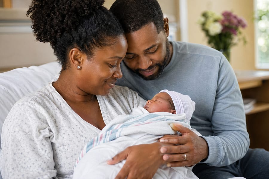 A couple sitting on a hospital bed, gazing lovingly at their newborn baby wrapped in a blanket. The woman has curly hair and is wearing a light-colored top, while the man is in a gray sweater. A flower arrangement is visible in the background.