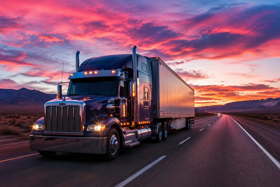A large semi-truck with a trailer drives along a highway under a colorful sunset sky. The landscape includes mountains in the background and open desert terrain.