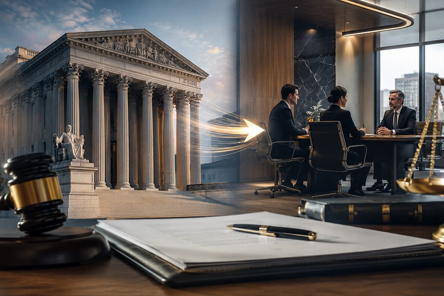 An image split between a classical courthouse exterior and a modern conference room. On one side, the courthouse features columns and a statue, while the other side shows three professionals discussing an arbitration delegation clause at a sleek table, with a gavel and documents in the foreground.