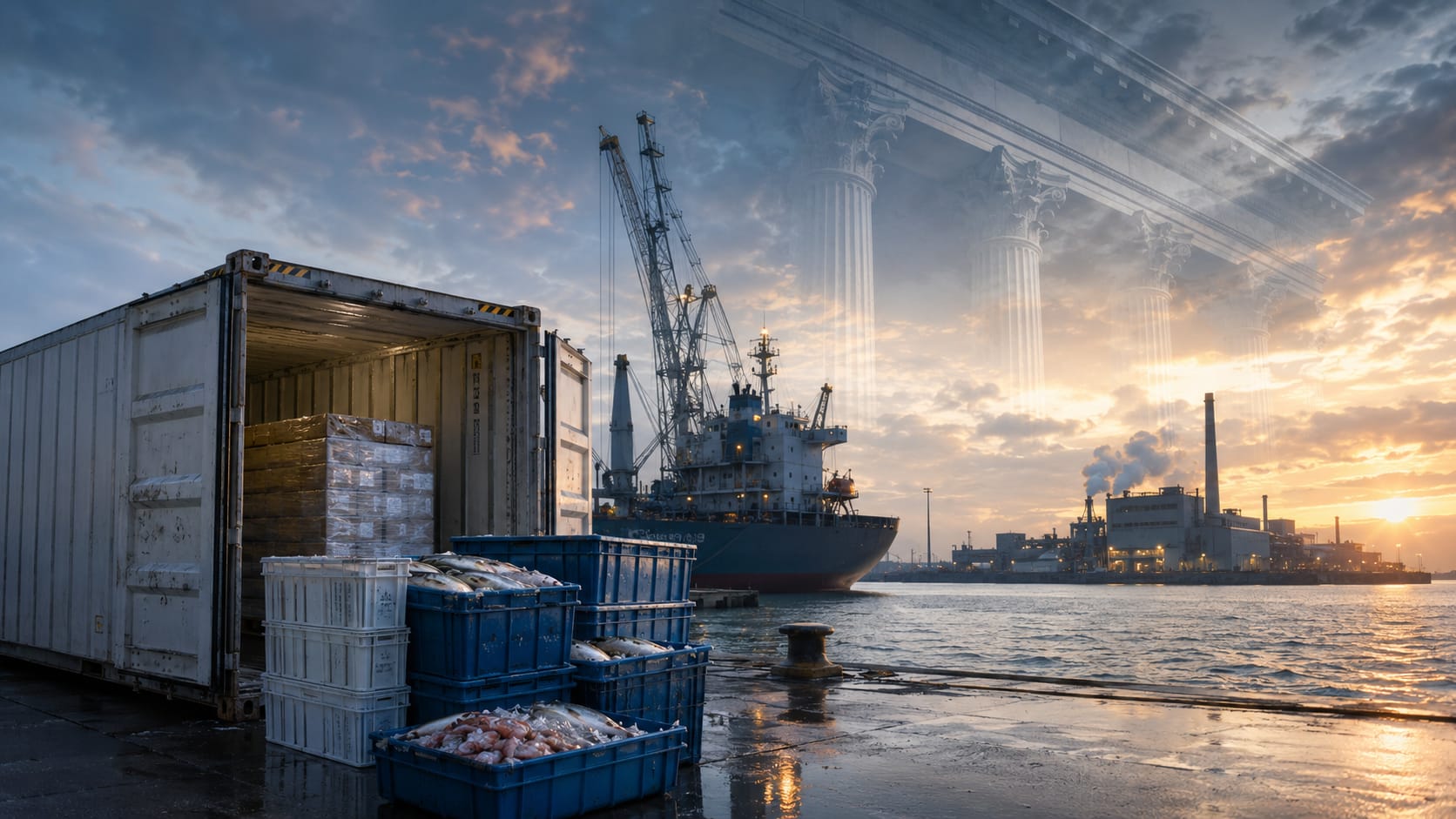 A shipping container at a dock with stacked crates of seafood, while a cargo ship is anchored nearby. The background shows an industrial area under a dramatic sky, illustrating themes related to human trafficking civil liability.