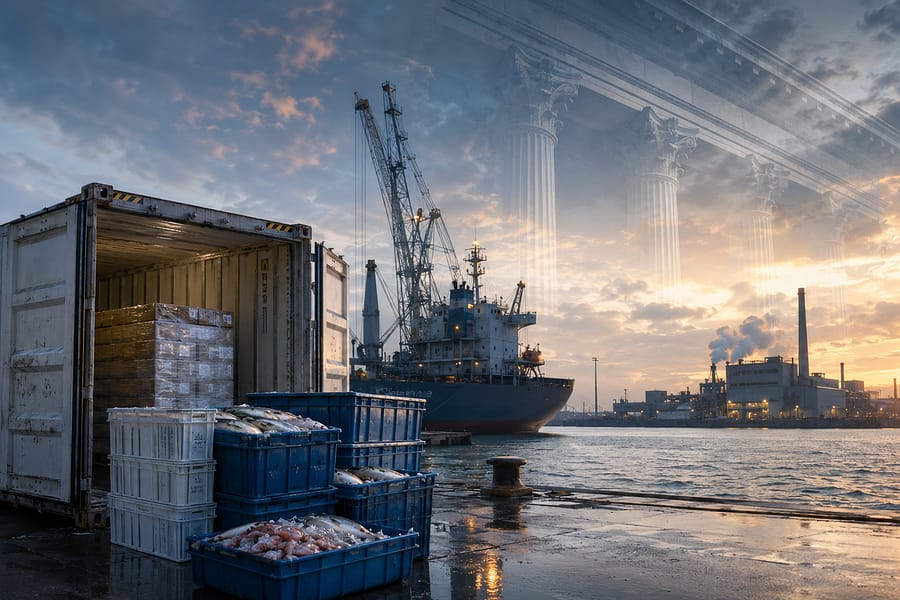 A shipping container at a dock with stacked crates of seafood, while a cargo ship is anchored nearby. The background shows an industrial area under a dramatic sky, illustrating themes related to human trafficking civil liability.