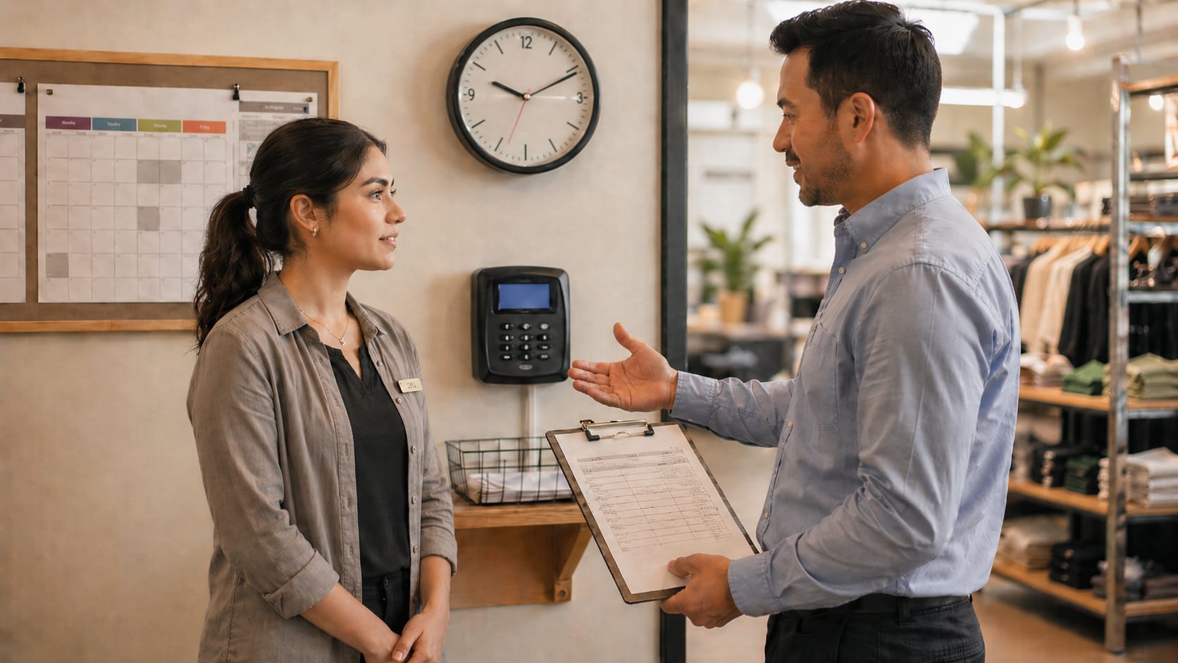 A man in a blue shirt discusses something with a woman in a gray jacket at work. The woman listens attentively, and the man holds a clipboard with papers. A clock and calendar are visible in the background, along with workplace items.