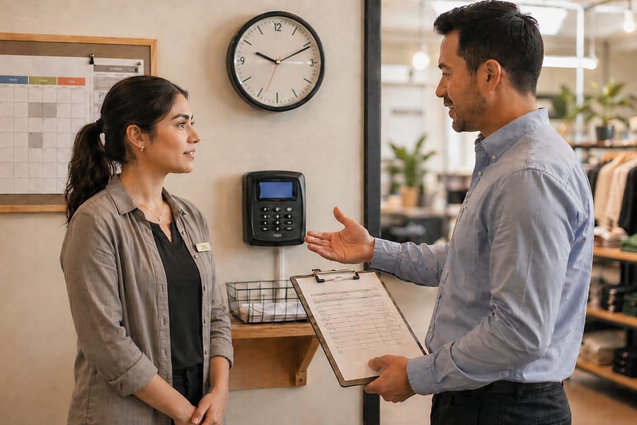 A man in a blue shirt discusses something with a woman in a gray jacket at work. The woman listens attentively, and the man holds a clipboard with papers. A clock and calendar are visible in the background, along with workplace items.