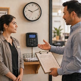 A man in a blue shirt discusses something with a woman in a gray jacket at work. The woman listens attentively, and the man holds a clipboard with papers. A clock and calendar are visible in the background, along with workplace items.