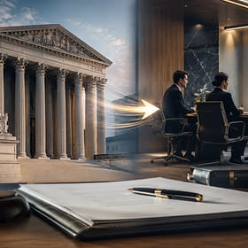 An image split between a classical courthouse exterior and a modern conference room. On one side, the courthouse features columns and a statue, while the other side shows three professionals discussing an arbitration delegation clause at a sleek table, with a gavel and documents in the foreground.