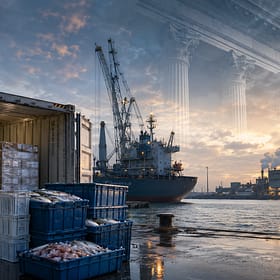 A shipping container at a dock with stacked crates of seafood, while a cargo ship is anchored nearby. The background shows an industrial area under a dramatic sky, illustrating themes related to human trafficking civil liability.