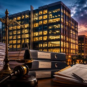A gavel and a set of brass scales of justice sit on a wooden desk alongside stacks of papers and three labeled binders, titled 'Employee Records,' 'Payroll Reports,' and 'Time Attendance.' In the background, a modern building is illuminated by a sunset.