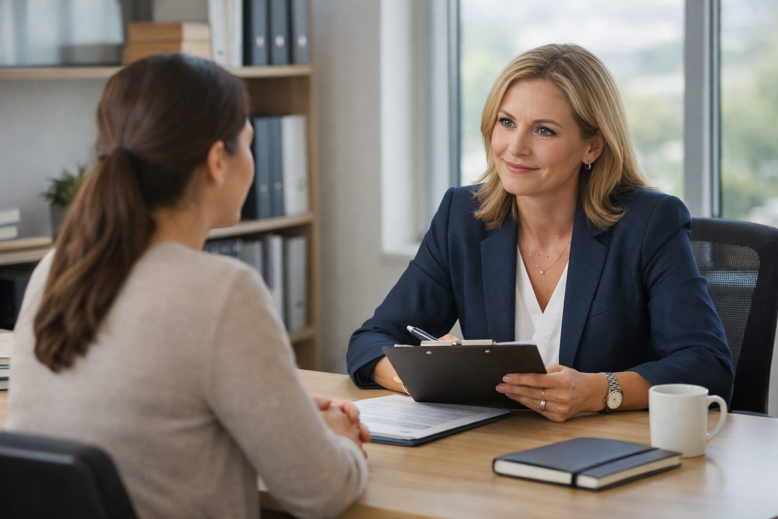 A professional meeting between two women in an office. One woman in a suit is taking notes on a clipboard while listening attentively to the other woman, who is seated across the table. The setting includes bookshelves and large windows. This illustrates discussions about California reproductive loss leave.