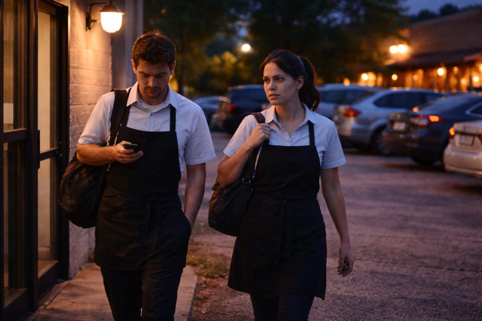 Two restaurant employees, a man and a woman, are walking outside in the evening. The man is looking at his phone, while the woman carries a bag and looks ahead. Their uniforms consist of white shirts and black aprons. The setting includes parked cars and dim lighting.