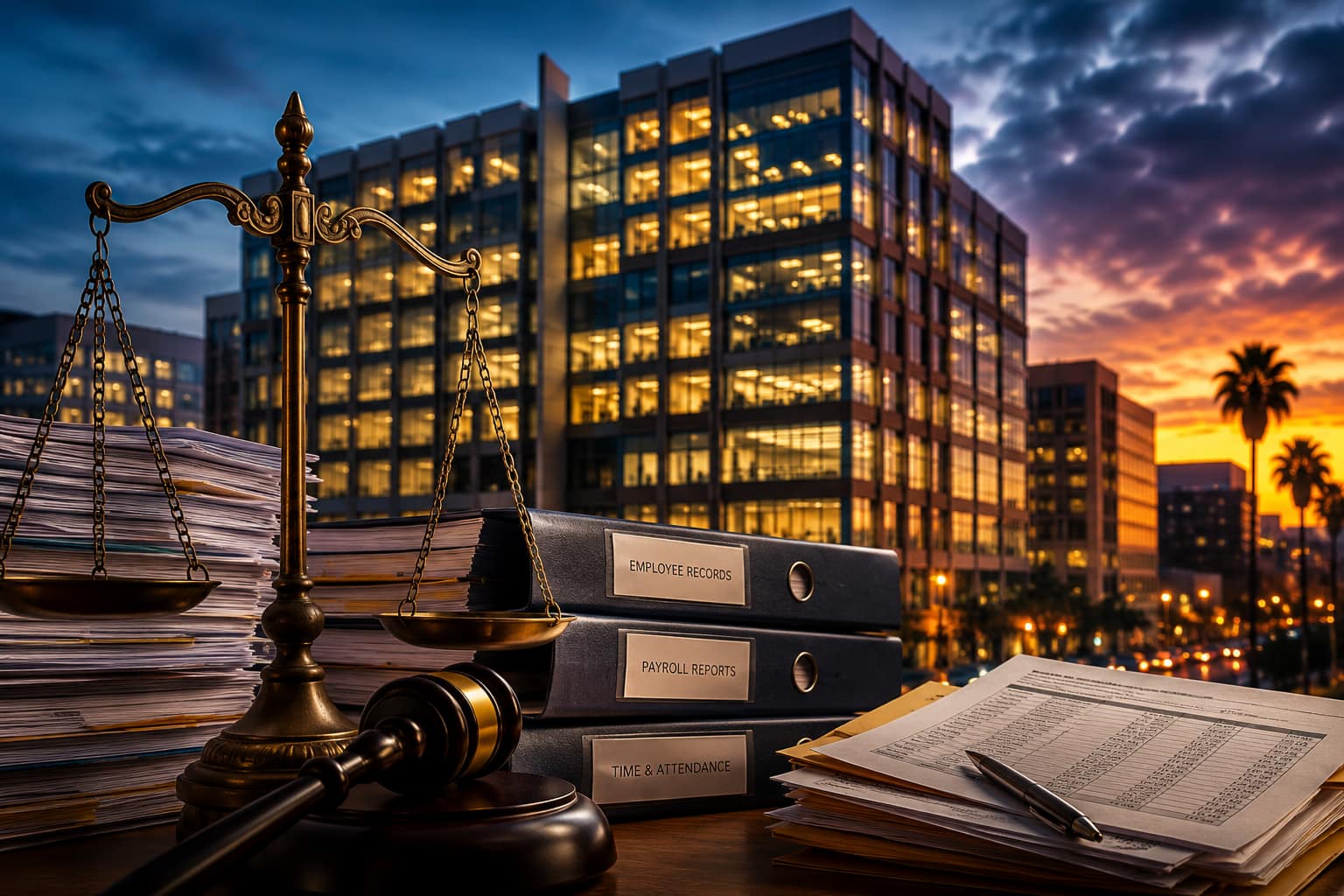 A gavel and a set of brass scales of justice sit on a wooden desk alongside stacks of papers and three labeled binders, titled 'Employee Records,' 'Payroll Reports,' and 'Time Attendance.' In the background, a modern building is illuminated by a sunset.