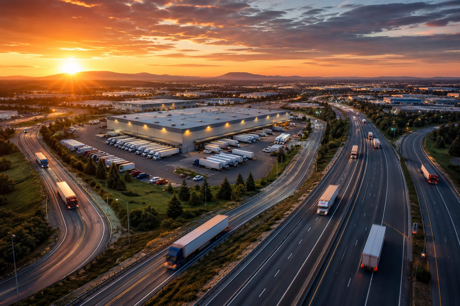 An aerial view of a logistics center surrounded by highways during sunset. The center, with multiple loading docks and parked trucks, is situated near a curving road where several big rig trucks travel. The sky is filled with clouds and the sun is setting in the distance.