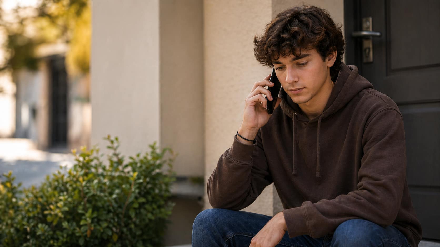 A young man with curly hair sitting on a step outside, speaking on a phone. He wears a brown hoodie and blue jeans, with greenery in the foreground. This image relates to the discussion on Ward v. Tilly’s reporting time pay.