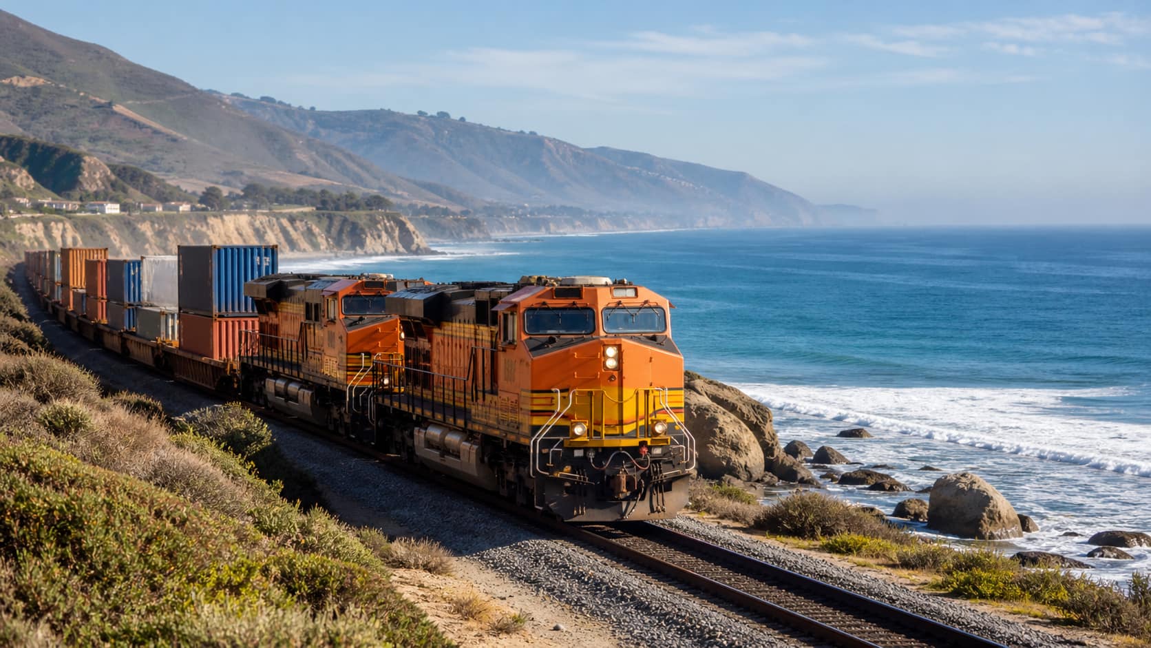 A freight train with orange locomotives pulls a series of shipping containers along a coastal railway, with a view of the ocean and hills in the background.
