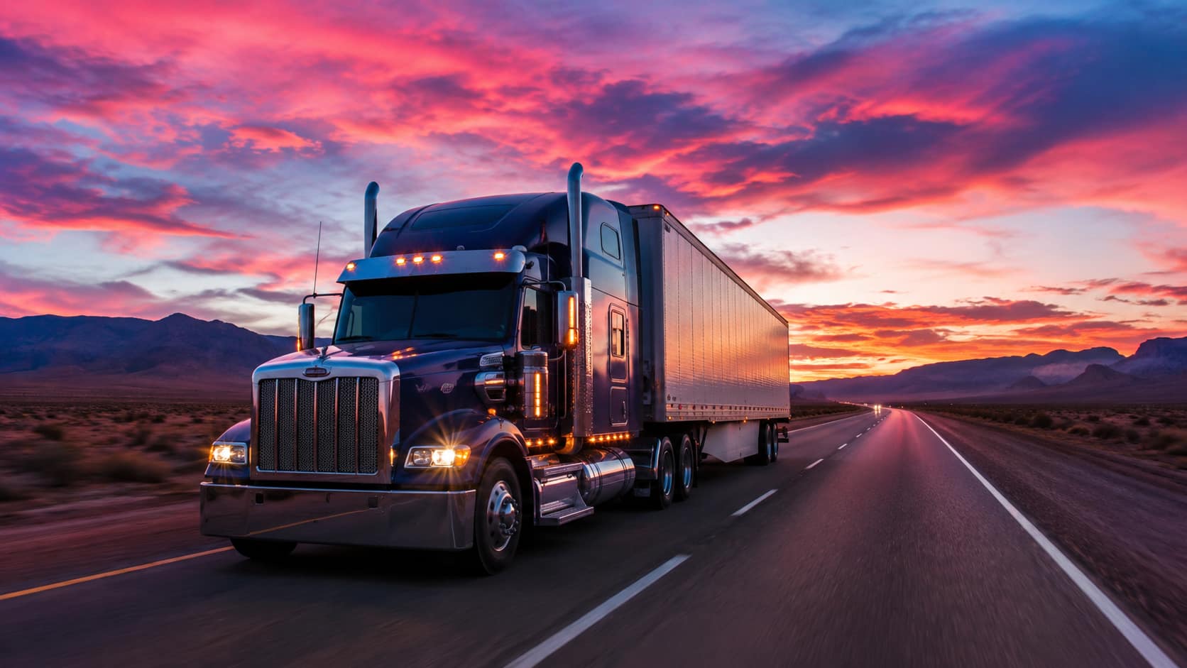 A large semi-truck with a trailer drives along a highway under a colorful sunset sky. The landscape includes mountains in the background and open desert terrain.