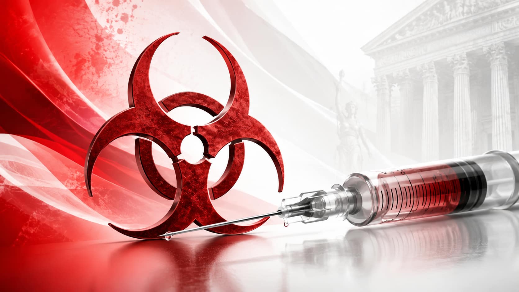 A red and black biohazard symbol next to a syringe filled with red liquid. The background features a soft gradient of red and white with a faint image of a courthouse. This image could relate to themes of religious vaccine exemption and undue hardship in a legal context.