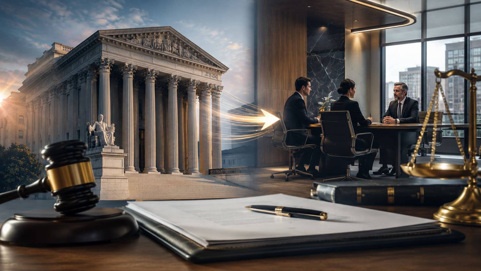 An image split between a classical courthouse exterior and a modern conference room. On one side, the courthouse features columns and a statue, while the other side shows three professionals discussing an arbitration delegation clause at a sleek table, with a gavel and documents in the foreground.