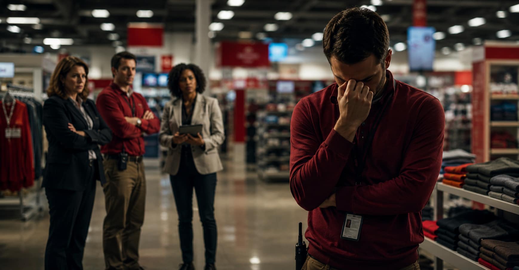 A group of four employees stands in a retail store. A man in a red shirt, with a badge, has his head lowered and hand on his forehead, while three colleagues, one in a gray blazer and two in red shirts, observe him. The store features shelves of clothing.