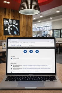 A laptop displaying the Rose Law APC website is open on a wooden table in a fast-food restaurant. The background features a wooden wall with a Chick-fil-A logo and a red ceiling light, with soft seating visible in a brightly lit dining area.