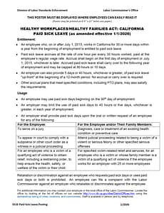 A legal poster titled 'Healthy Workplaces/Healthy Families Act: California Paid Sick Leave' displays regulations regarding employee sick leave entitlements and usage. The text outlines employee rights and employer obligations under California law, effective 1/1/2026.