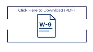An image showing a W-9 form illustration with a download prompt above it. The form is depicted on a white background with a blue outline, and the text "Click Here to Download (PDF)" is prominently displayed.