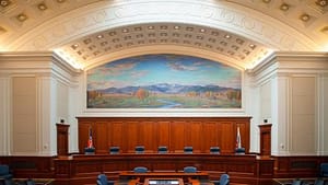 Interior view of a large courtroom with wooden paneling and a mural depicting mountains and a river on the wall. The setup includes a long table and seats for judges, reflecting a formal legal environment relevant to discussions on when non-profit volunteers are actually employees under California wage and hour laws.