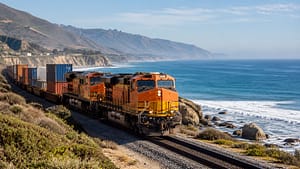 A freight train with orange locomotives pulls a series of shipping containers along a coastal railway, with a view of the ocean and hills in the background.