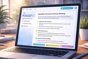 A laptop displays a meeting summary titled "Disability Interactive Process Meeting." The screen shows sections for essential job functions, work restrictions, and undue hardship analysis, with bullet points detailing relevant information.