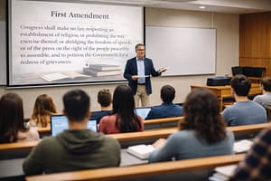 A classroom scene with students seated at desks, facing a speaker presenting the First Amendment on a large screen. The speaker gestures while a stack of books is visible in the foreground, and various classroom items are arranged in the background.