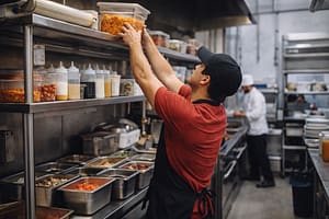 A worker in a red shirt and black apron is organizing food containers on a high shelf in a commercial kitchen. Various sauces and ingredients are stored in metal trays and plastic containers on the counter. Another chef is visible in the background.