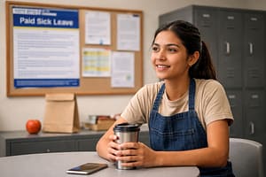 A young woman holding a coffee cup sits at a table with a phone in front of her, smiling. Behind her is a bulletin board displaying updates about California Paid Sick Leave, including informational posters and a calendar.