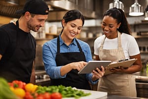 Three employees in a commercial kitchen review information on a tablet. The woman in a blue shirt primarily interacts with the device, while a man and a woman, both in aprons, look on. Fresh vegetables are on the counter. Food handler cards and training are an employer expense in California.