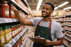A man with a clipboard wearing an apron organizes jars on shelves in a grocery store. The image highlights grocery retail work, relevant to discussions about California minimum wage 2026 as wages may affect those in such employment.