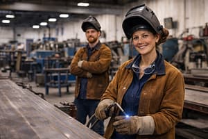 A woman using a welding torch while wearing protective gear and a brown leather jacket in a workshop, with a man standing behind her, also in safety gear. The setting illustrates skilled trades, relevant to discussions of the California Equal Pay Act statute of limitations.