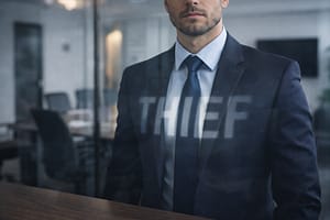 A man in a business suit stands near a window with the word "THIEF" reflected on the glass, emphasizing the theme of defamation risk in California terminations. The background shows an office setting with chairs and a table.