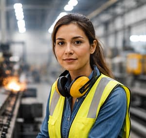 A woman wearing a yellow safety vest and ear protection stands in an industrial workspace. She looks towards the camera, with machinery and sparks in the background. This image relates to the California Family Rights Act (CFRA) and employee rights.