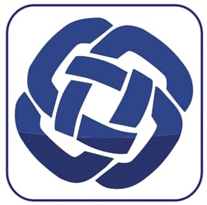 A graphic logo featuring an abstract design made up of interlocking shapes in varying shades of blue, enclosed within a rounded square border.