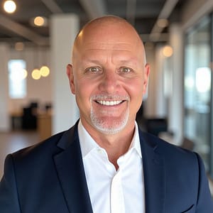 A middle-aged man with a shaved head and goatee smiles at the camera. He is wearing a navy suit jacket over a white shirt. The background features a modern office with large windows and soft lighting.