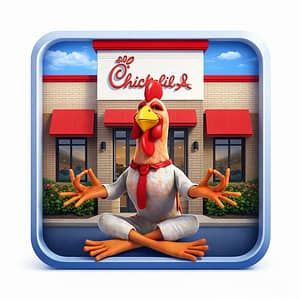 An animated chicken character wearing a red tie sits in a lotus position in front of a Chick-fil-A restaurant. The building features the Chick-fil-A logo, with red awnings and large windows, set against a blue sky.
