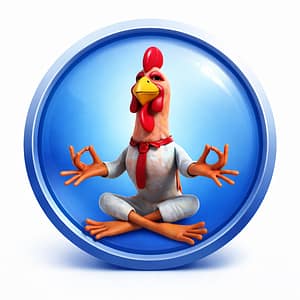 A cartoon chicken in a meditative pose with its legs crossed, wearing a red tie. The chicken has a peaceful expression, set against a blue circular background. The image conveys a theme of tranquility and mindfulness.