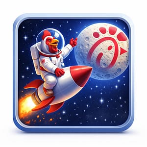 A cartoon chicken in an astronaut suit rides a rocket, traveling through space. The rocket emits flames from its tail, and a large gray moon features the Chick-fil-A® logo in red. The background is filled with stars, adding to the space theme.
