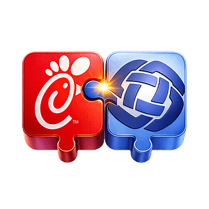 An image featuring two interlocking puzzle pieces. One piece is red with the Chick-fil-A logo, and the other is blue with a stylized Rose Law logo resembling a globe. The puzzle pieces connect with a glowing spark at the intersection.
