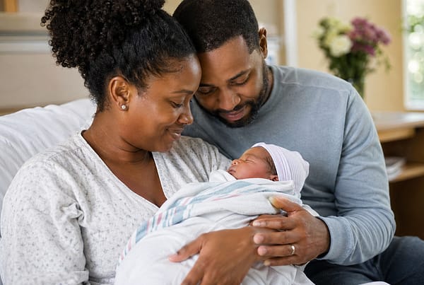 A couple sitting on a hospital bed, gazing lovingly at their newborn baby wrapped in a blanket. The woman has curly hair and is wearing a light-colored top, while the man is in a gray sweater. A flower arrangement is visible in the background.