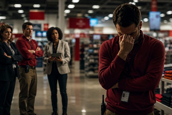 A group of four employees stands in a retail store. A man in a red shirt, with a badge, has his head lowered and hand on his forehead, while three colleagues, one in a gray blazer and two in red shirts, observe him. The store features shelves of clothing.