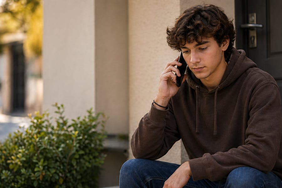 A young man with curly hair sitting on a step outside, speaking on a phone. He wears a brown hoodie and blue jeans, with greenery in the foreground. This image relates to the discussion on Ward v. Tilly’s reporting time pay.