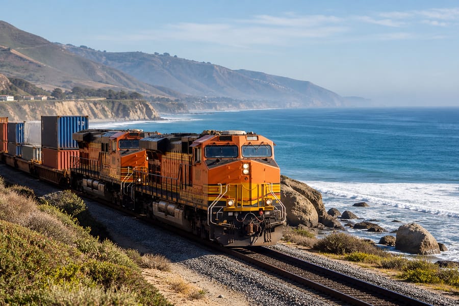 A freight train with orange locomotives pulls a series of shipping containers along a coastal railway, with a view of the ocean and hills in the background.