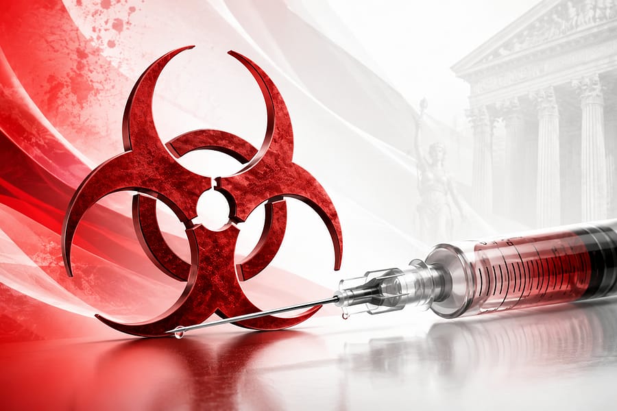 A red and black biohazard symbol next to a syringe filled with red liquid. The background features a soft gradient of red and white with a faint image of a courthouse. This image could relate to themes of religious vaccine exemption and undue hardship in a legal context.