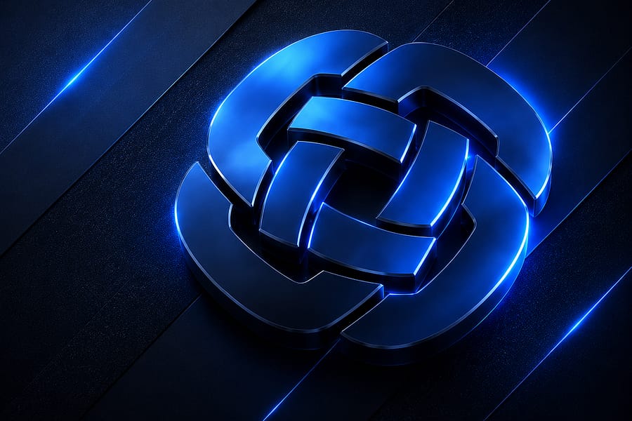 A modern Rose Law APC logo featuring an interlocking design, rendered in a glossy blue and silver finish. It is placed against a dark textured background with subtle blue lighting accents, creating a sleek, high-tech appearance.