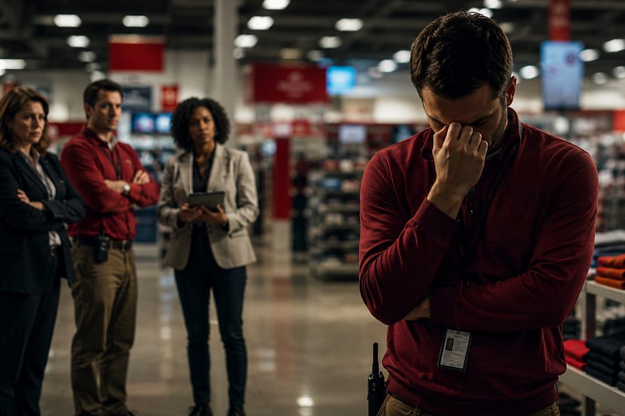 A group of four employees stands in a retail store. A man in a red shirt, with a badge, has his head lowered and hand on his forehead, while three colleagues, one in a gray blazer and two in red shirts, observe him. The store features shelves of clothing.