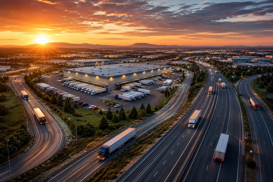An aerial view of a logistics center surrounded by highways during sunset. The center, with multiple loading docks and parked trucks, is situated near a curving road where several big rig trucks travel. The sky is filled with clouds and the sun is setting in the distance.